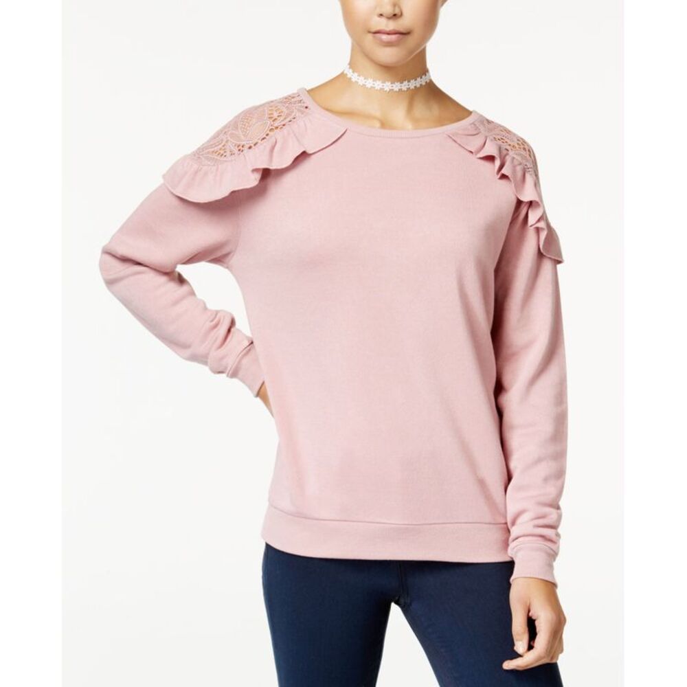 Self Esteem Juniors Ruffled Lace Trim Cold Shoulder Sweatshirt
